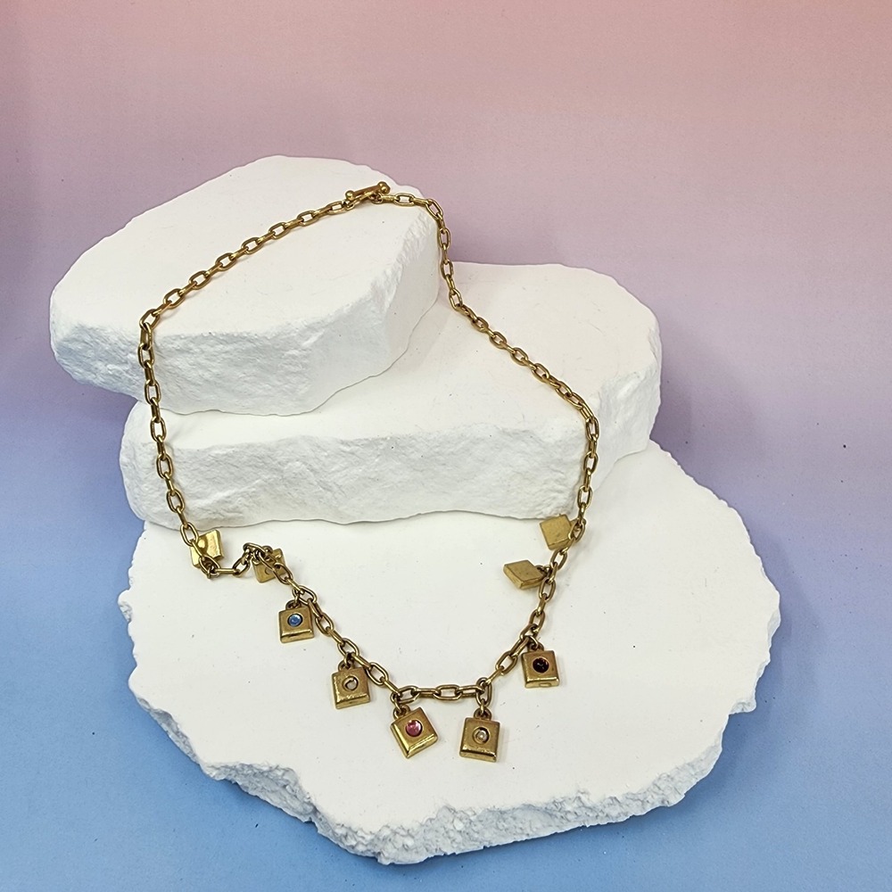 Gold Tone Square Charm Necklace Multicolor Stone Vintage Boho Y2K Statement